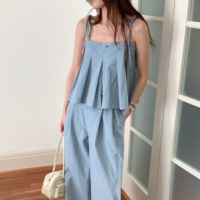 Two-Piece Set: Pleated Crop Camisole and Wide Leg Pants