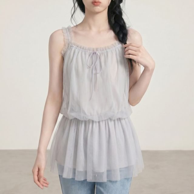 Frill Trim Peplum Mesh Camisole Top