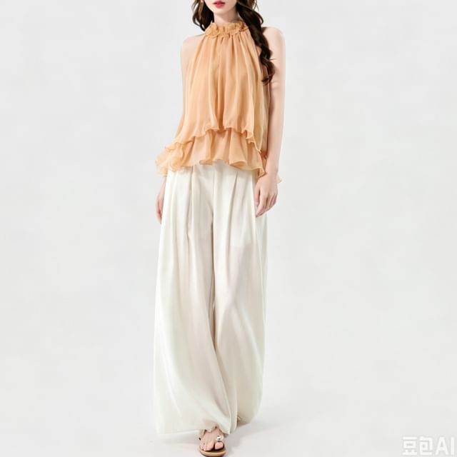 Halter Neck Layered Sheer Top & Low Rise Flared Jeans Set