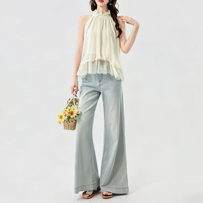 Halter Neck Layered Sheer Top & Low Rise Flared Jeans Set