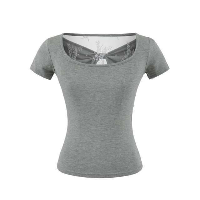 Square Neck Lace Trim Short-Sleeve Top