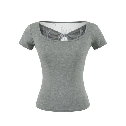 Square Neck Lace Trim Short-Sleeve Top