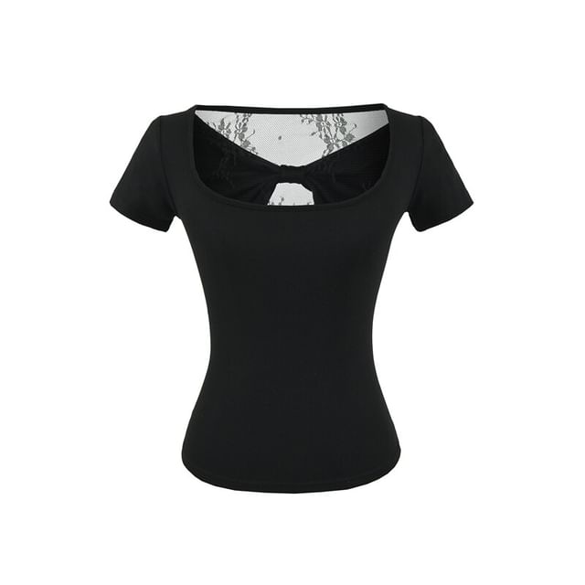 Square Neck Lace Trim Short-Sleeve Top