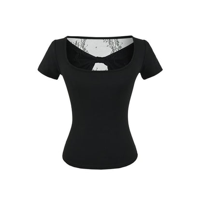 Square Neck Lace Trim Short-Sleeve Top