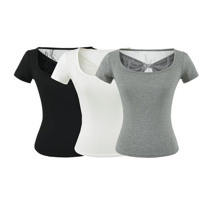 Square Neck Lace Trim Short-Sleeve Top