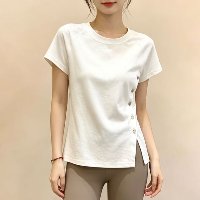 Button Side Crewneck Short-Sleeve Crop Tee