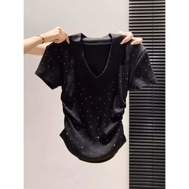 V-Neck Short-Sleeve Solid Crop Tee