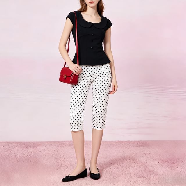 Capri Pants & Lace-Up Polka Dot Shirt Set
