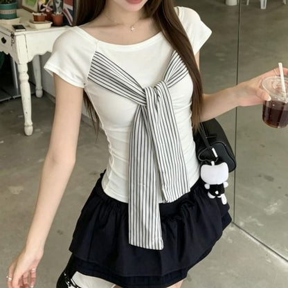 Round Neck Striped Tie Front T-Shirt