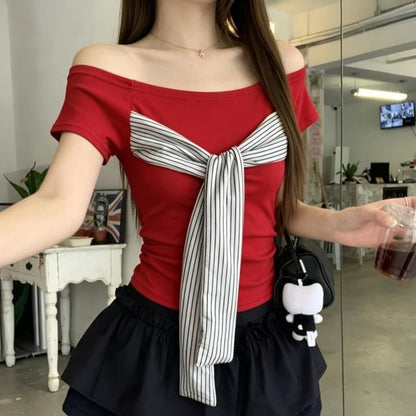 Round Neck Striped Tie Front T-Shirt