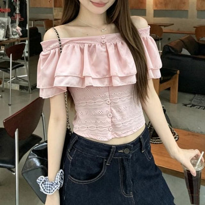 Off-Shoulder Short-Sleeved Ruffle Embroidered Blouse
