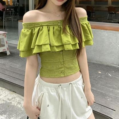 Off-Shoulder Short-Sleeved Ruffle Embroidered Blouse