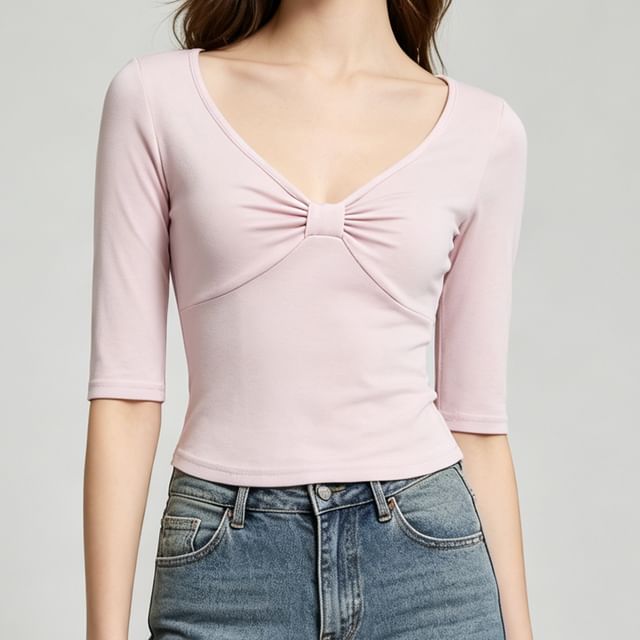 Ruched V-Neck Crop T-Shirt