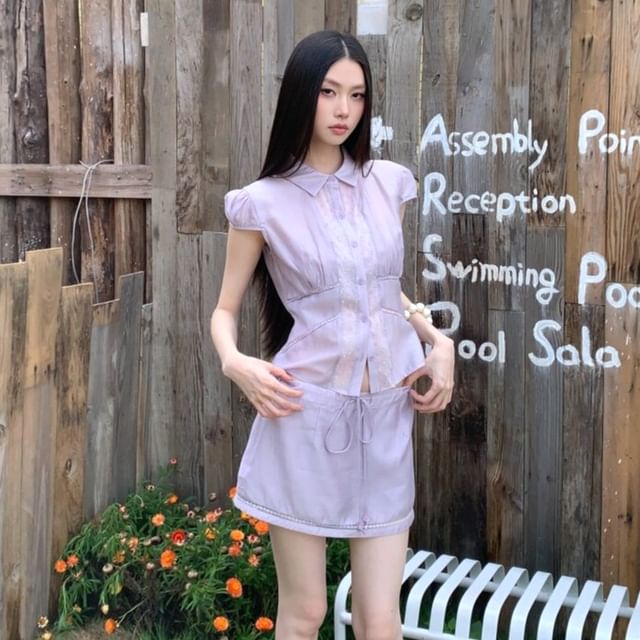 Sheer Panel Crop Blouse and Pencil Skirt Set