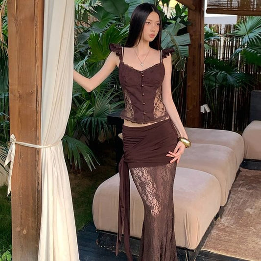 Lace Panel Crop Camisole and Mermaid Skirt