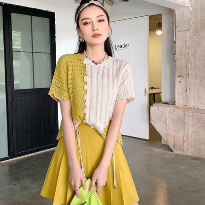 Perforated Knit Top and Pleated Skort Set