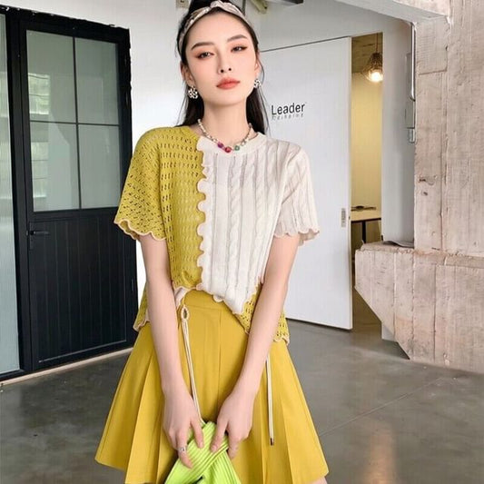 Perforated Knit Top and Pleated Skort Set