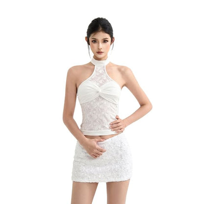Mock Neck Sleeveless Twisted Lace Crop Top
