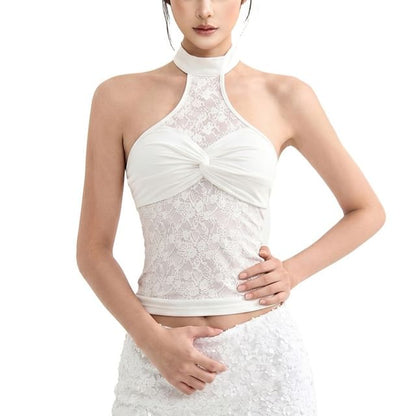 Mock Neck Sleeveless Twisted Lace Crop Top