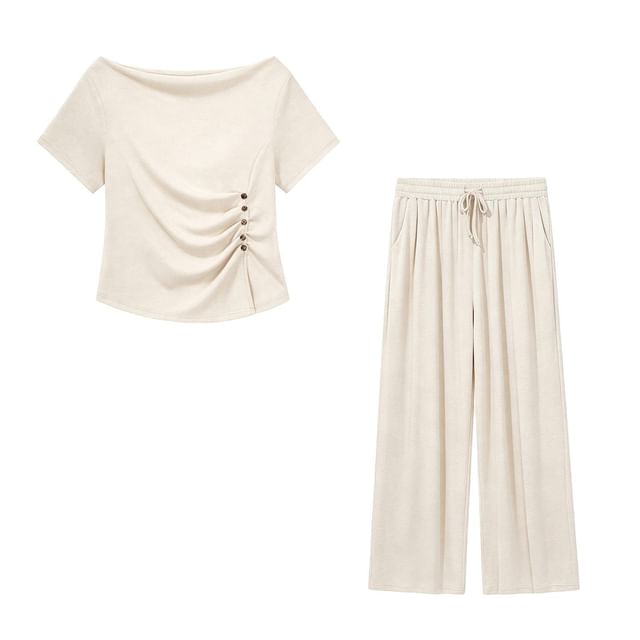 Off-Shoulder Ruched Slit Tee & High-Waisted Pants Set