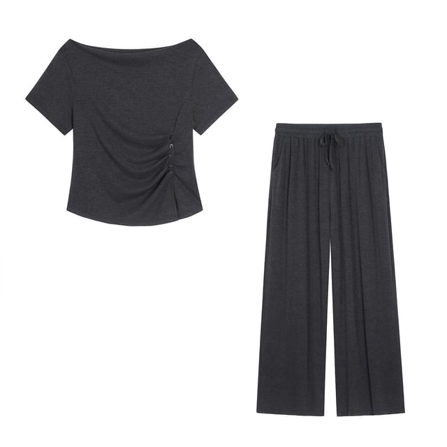 Off-Shoulder Ruched Slit Tee & High-Waisted Pants Set