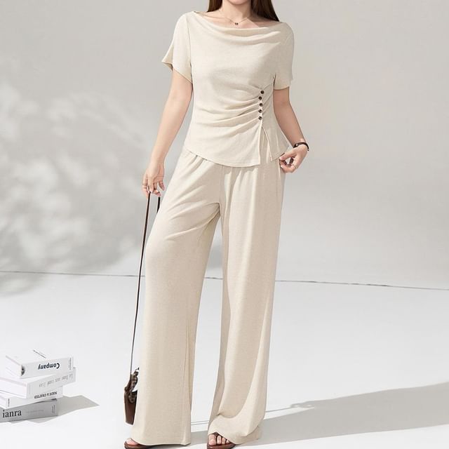 Off-Shoulder Ruched Slit Tee & High-Waisted Pants Set
