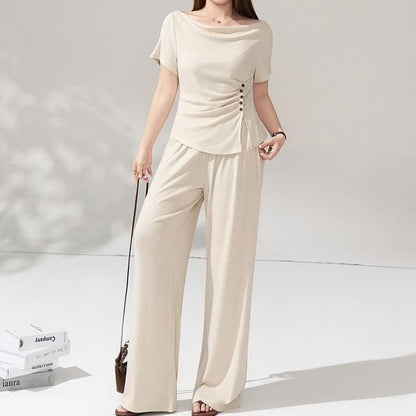 Off-Shoulder Ruched Slit Tee & High-Waisted Pants Set