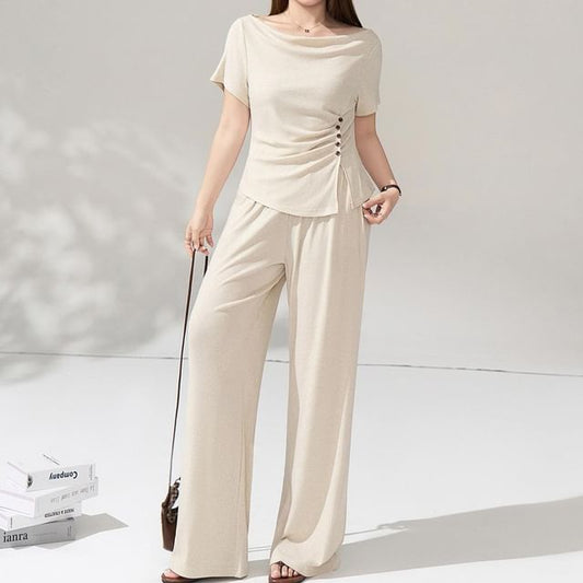 Off-Shoulder Ruched Slit Tee & High-Waisted Pants Set