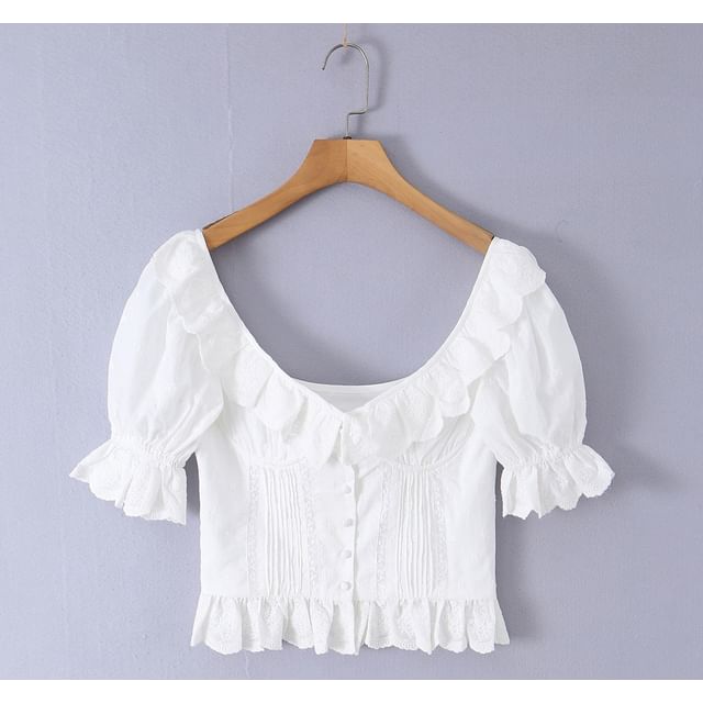 Frill Trim Scoop Neck Crop Top - Short Sleeve