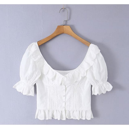 Frill Trim Scoop Neck Crop Top - Short Sleeve