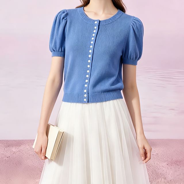 Crewneck Button-Up Knit Tee - Short Sleeve