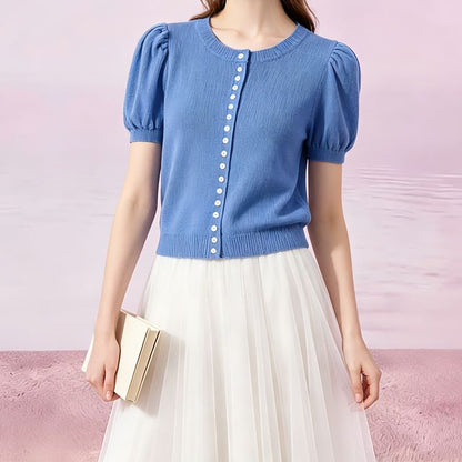 Crewneck Button-Up Knit Tee - Short Sleeve