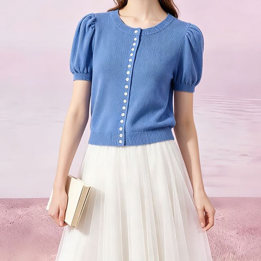 Crewneck Button-Up Knit Tee - Short Sleeve