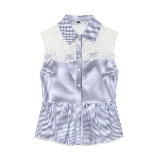 Gingham Check Lace Panel Shirt - Sleeveless