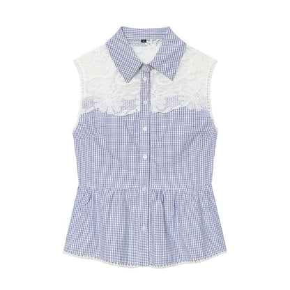 Gingham Check Lace Panel Shirt - Sleeveless