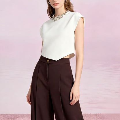 Asymmetrical Beaded Crop Knit Top - Sleeveless