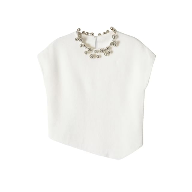 Asymmetrical Beaded Crop Knit Top - Sleeveless