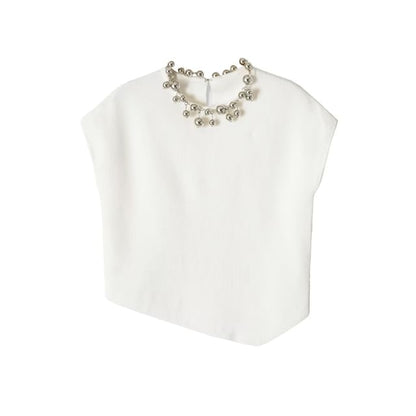Asymmetrical Beaded Crop Knit Top - Sleeveless
