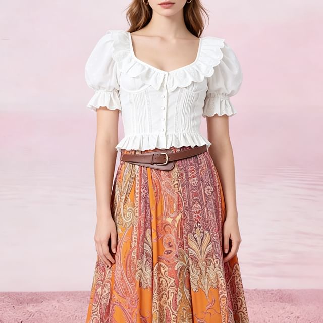 Frill Trim Scoop Neck Crop Top - Short Sleeve