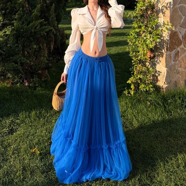 Tie Front Crop Blouse and Frill Skirt Set