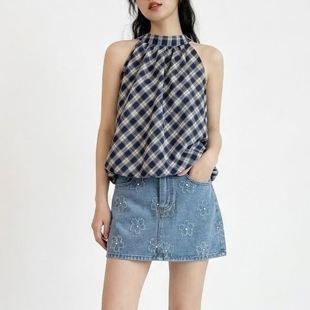 Plaid Halter Neck Bubble Hem Top