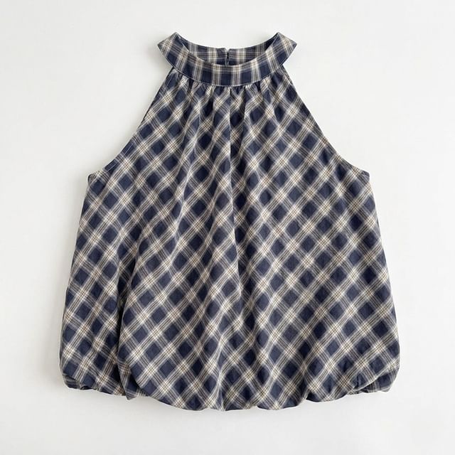 Plaid Halter Neck Bubble Hem Top