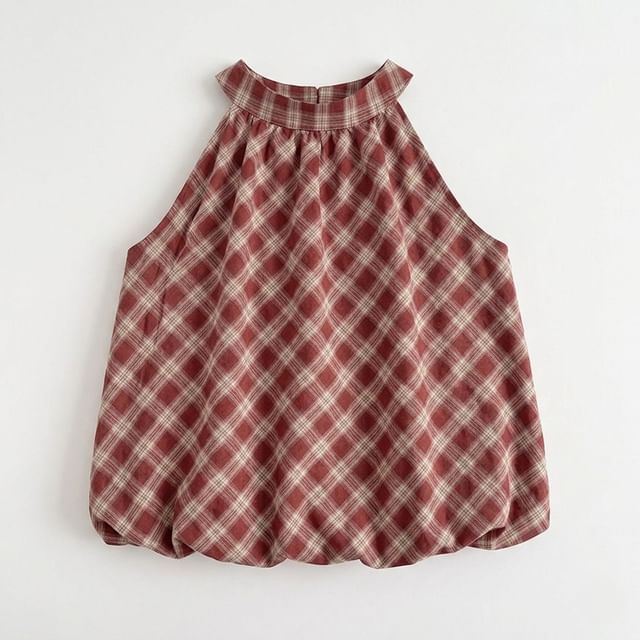 Plaid Halter Neck Bubble Hem Top