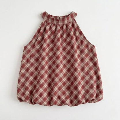 Plaid Halter Neck Bubble Hem Top