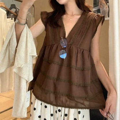 Lace Trim Tiered Blouse - Cap Sleeve V-Neck
