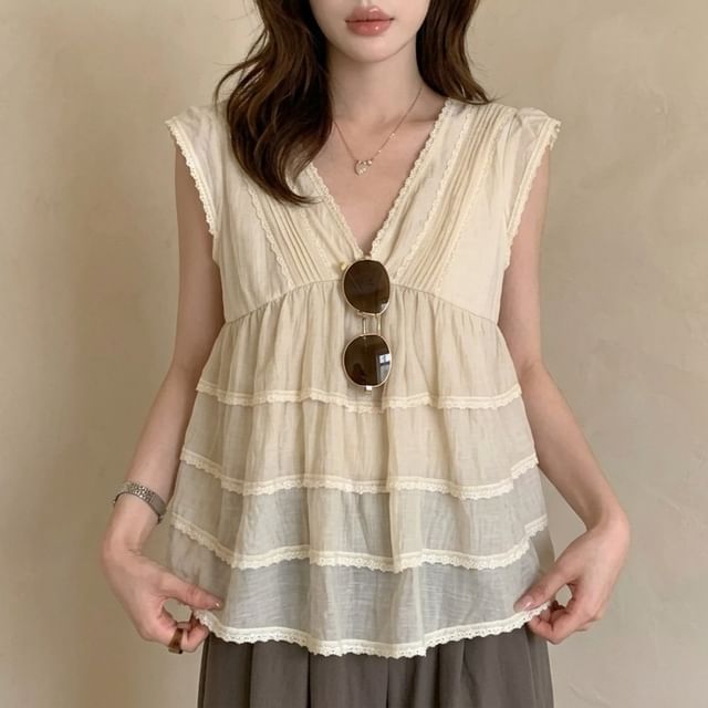 Lace Trim Tiered Blouse - Cap Sleeve V-Neck