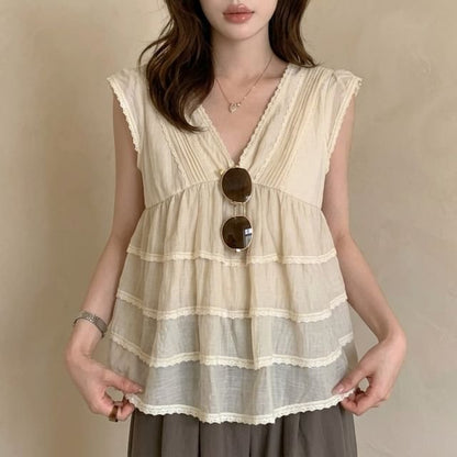 Lace Trim Tiered Blouse - Cap Sleeve V-Neck