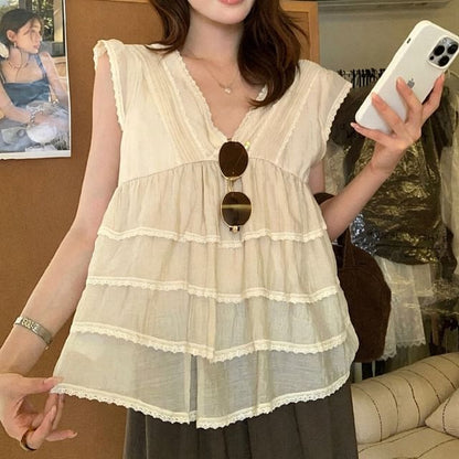 Lace Trim Tiered Blouse - Cap Sleeve V-Neck