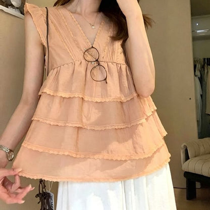 Lace Trim Tiered Blouse - Cap Sleeve V-Neck