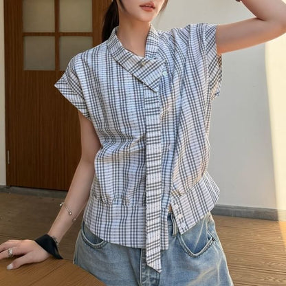 Asymmetric Plaid Button-Up Blouse - Collared